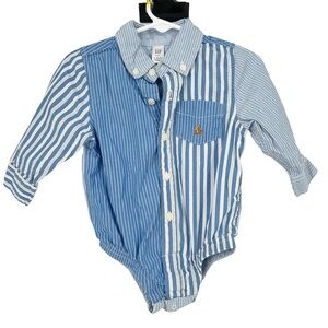 Baby Gap Collared Blue White Striped Long Sleeve Body Suit